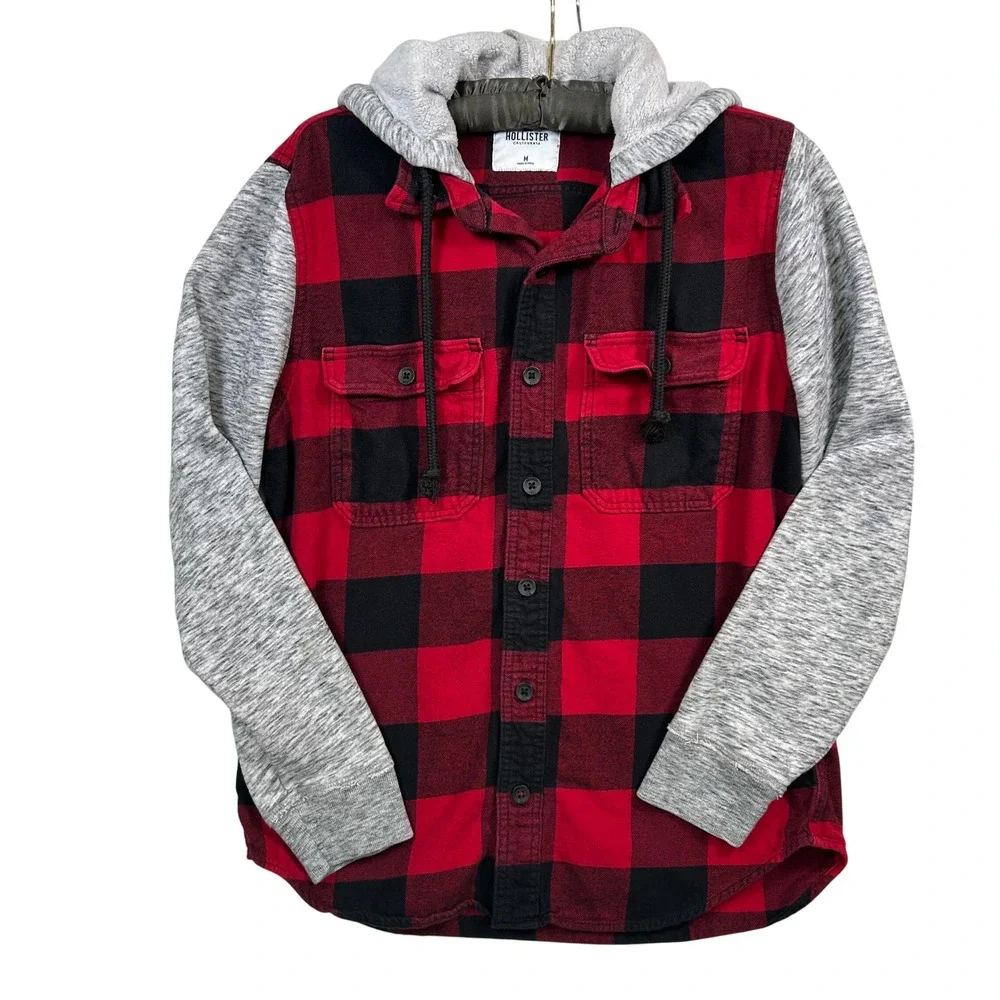 Hollister Hooded Flannel Mens M Buffalo Plaid Red Black Hoodie Shacket Shirt